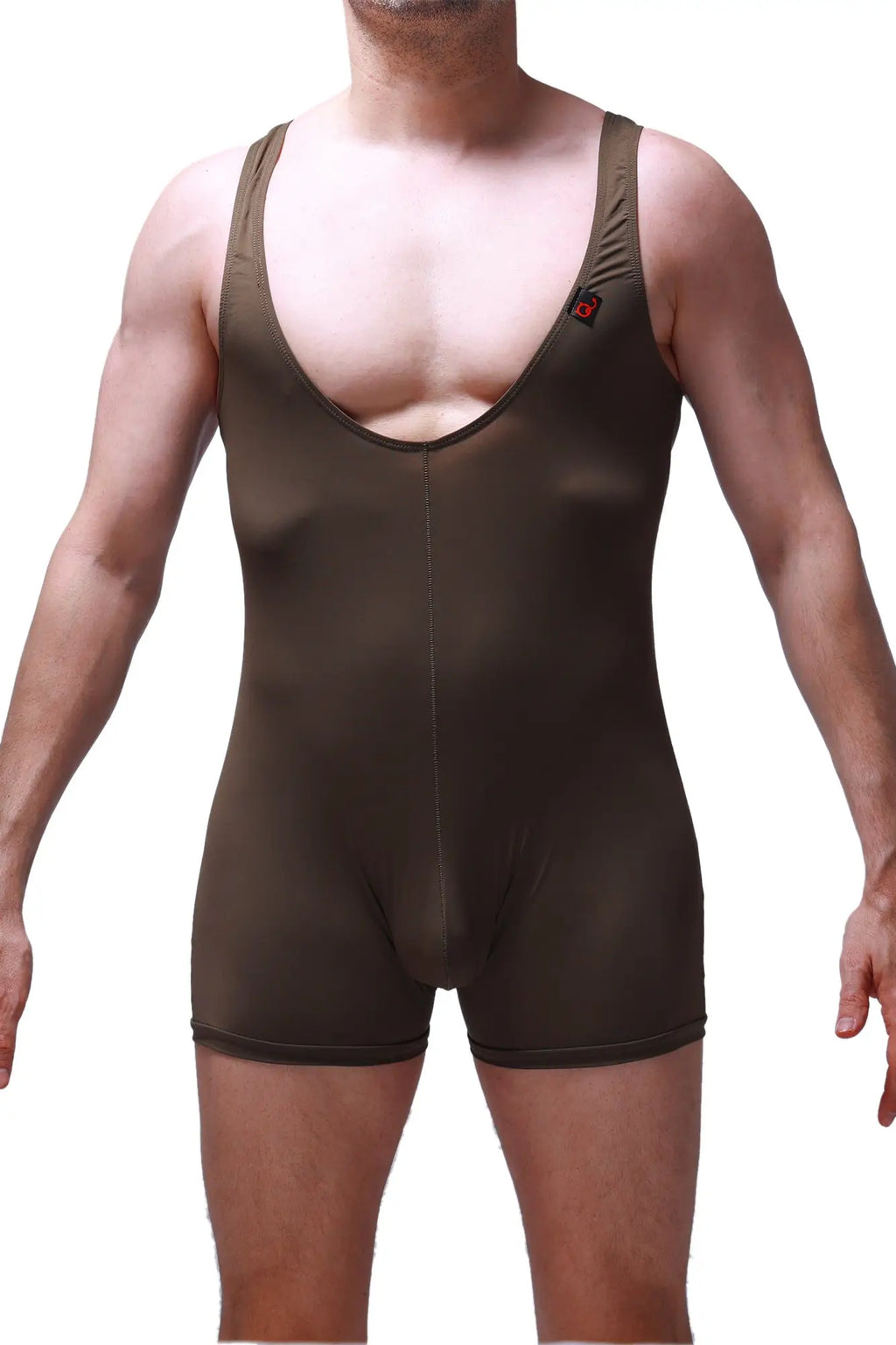 Bodyboxer Malay olive brown form-fitting one-piece athletic wear with thin straps and deep scoop neckline