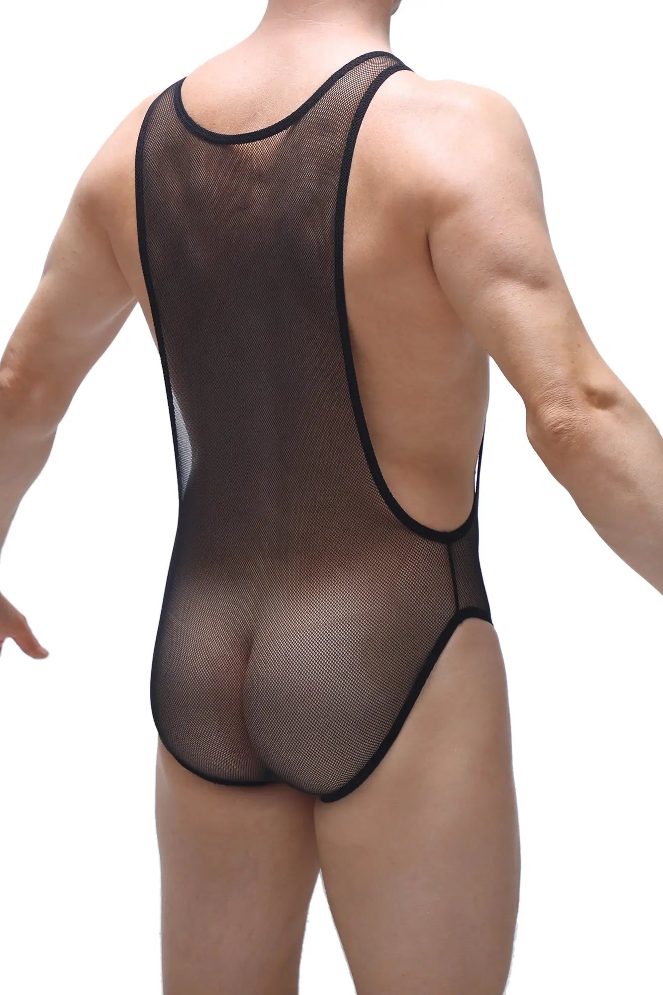 Black mesh one-piece swimsuit bodybriefs mus net black with racerback design and solid black trim shown from the back