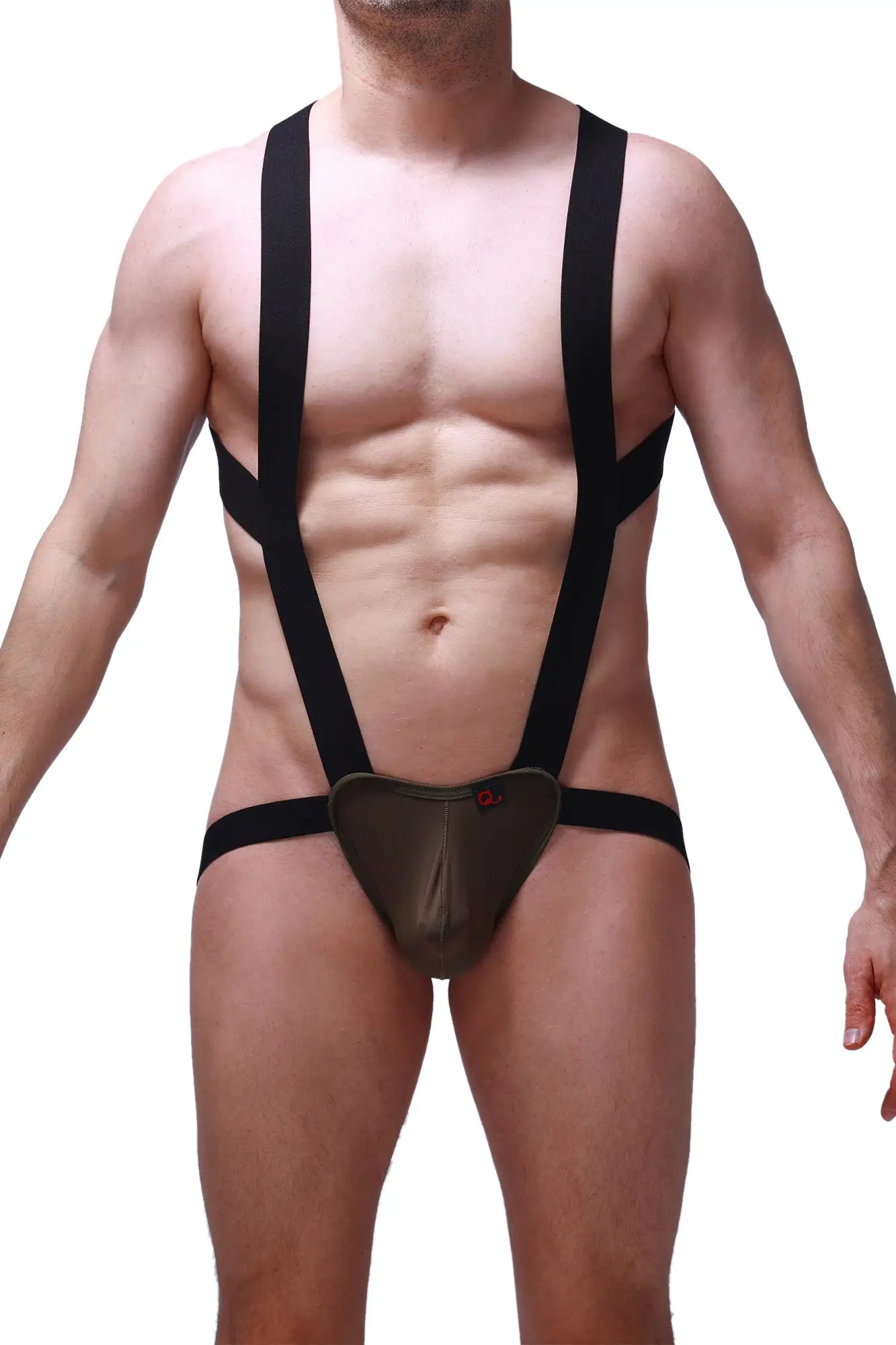 Bodyjockstrap ardun olive features black suspenders with a dark olive green contoured pouch for secure support