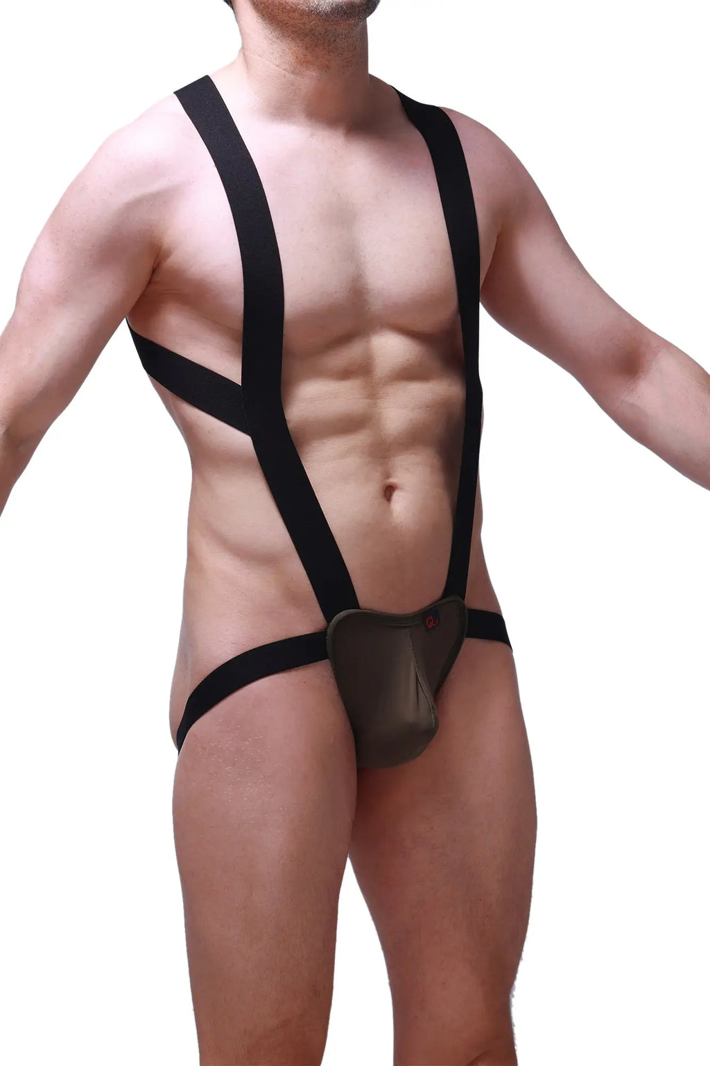 Black suspenders-style men’s underwear with a padded contoured pouch in olive designed for support and comfort