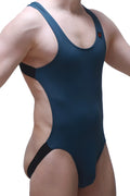 Dark blue bodyjockstrap perrel blue one-piece swimsuit with black trim along sides and waistband
