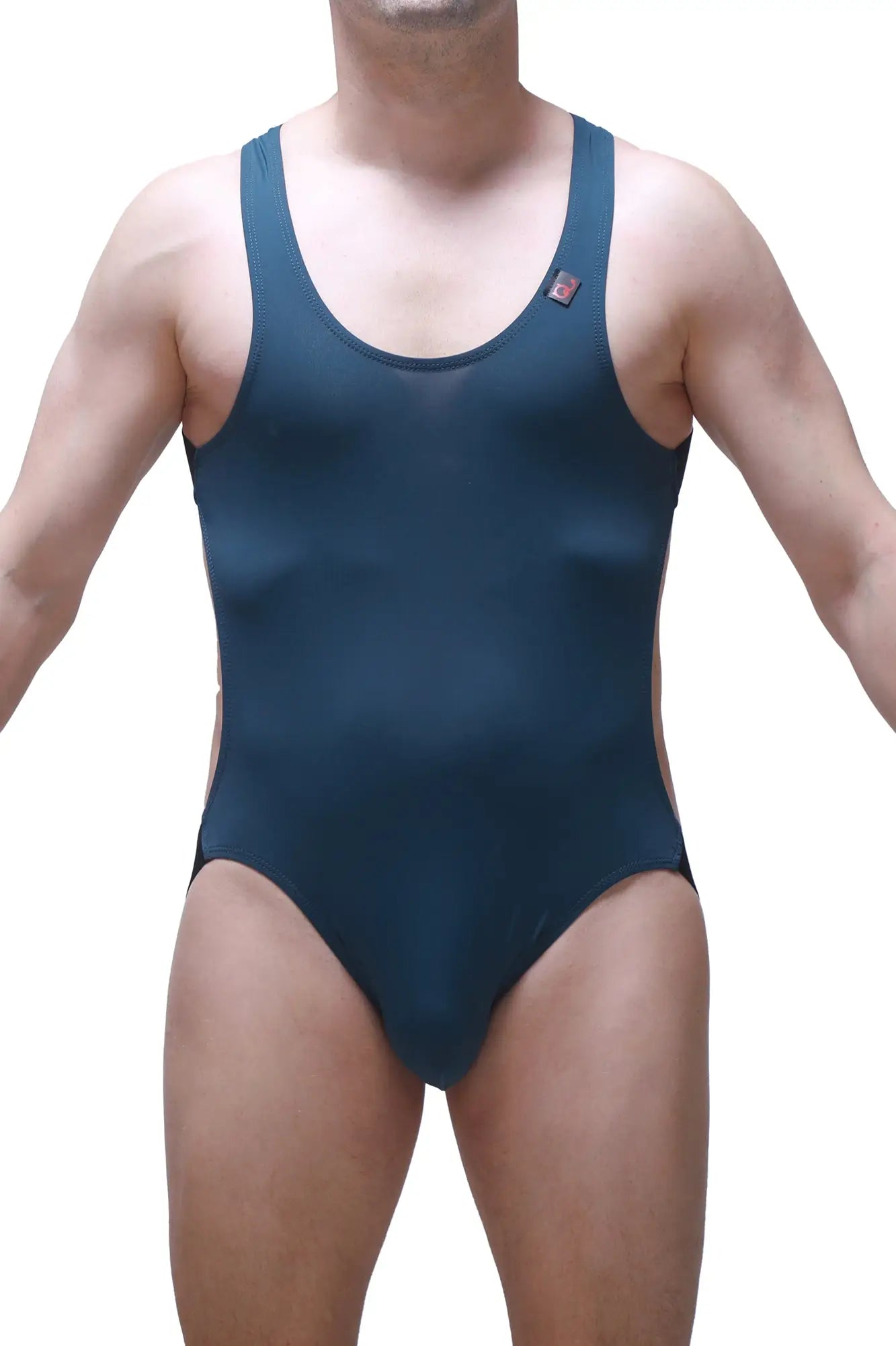 Dark teal bodyjockstrap perrel blue one-piece swimsuit with scoop neckline and racerback design shown from the back