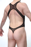 Black mesh one-piece swimsuit bodystring abos black with a cutout back design shown from the back side
