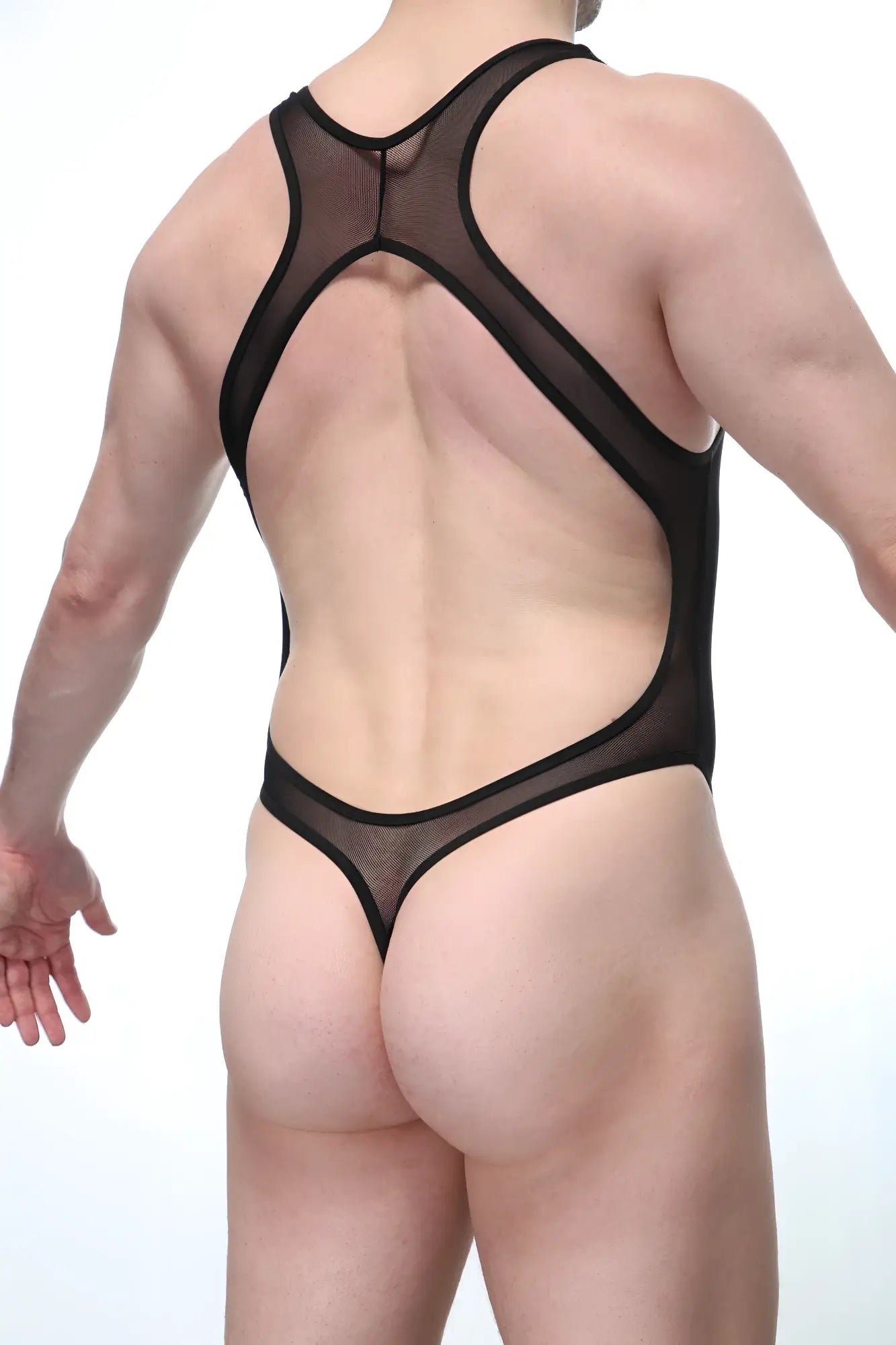 Black mesh one-piece swimsuit bodystring abos black with a cutout back design shown from the back side