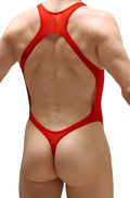 Red bodystring abos one-piece swimsuit with form-fitting racerback design and thong-style bottom shown from the back