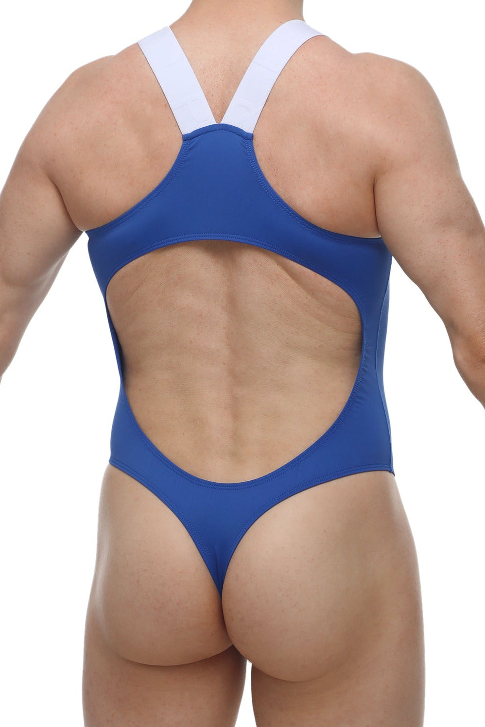 Blue bodythong lansost one-piece swimsuit with white crossback straps and large back cutout shown from the back side