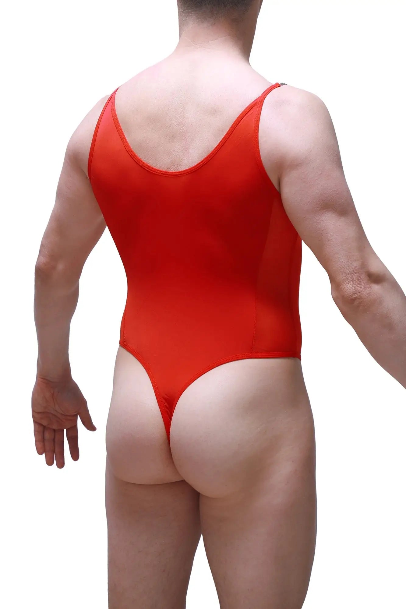Red one-piece bodysuit bevans with thin straps and high-cut leg design ideal for swim or beachwear