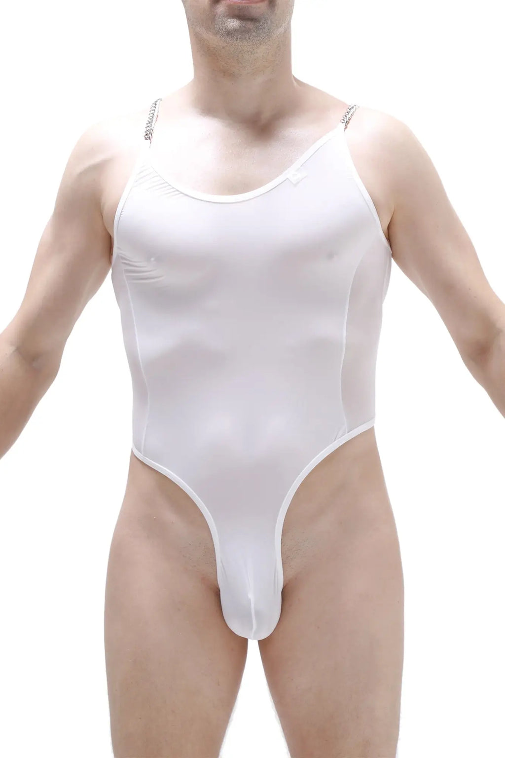 Bodysuit Bevans white form-fitting one-piece bodysuit with thin shoulder straps and high-cut leg openings