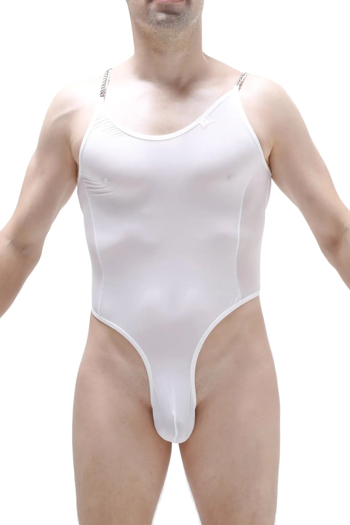 Bodysuit Bevans white form-fitting one-piece bodysuit with thin shoulder straps and high-cut leg openings