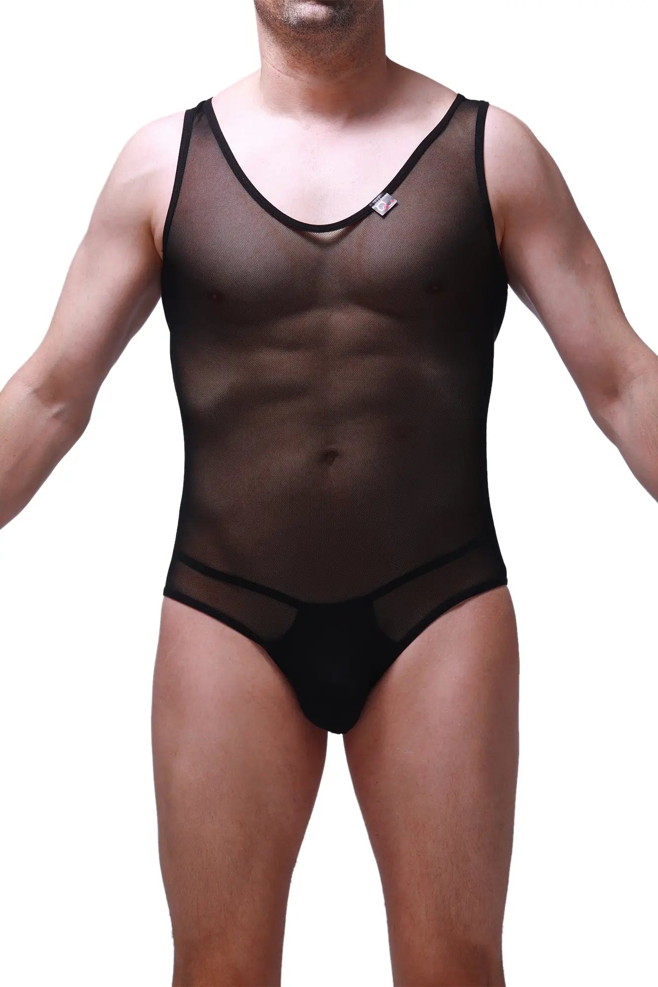 Black sheer mesh one-piece Bodysuit Bolver swimsuit with black trim and small logo on the chest