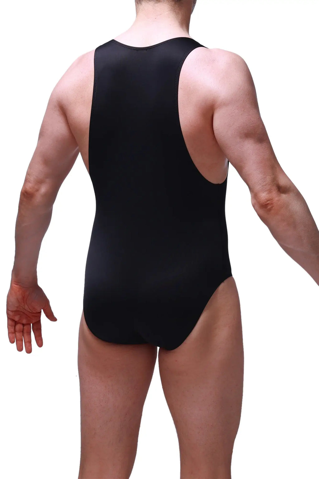 Black sleeveless bodysuit brief tanos with high-cut leg design and racerback style for sleek fit