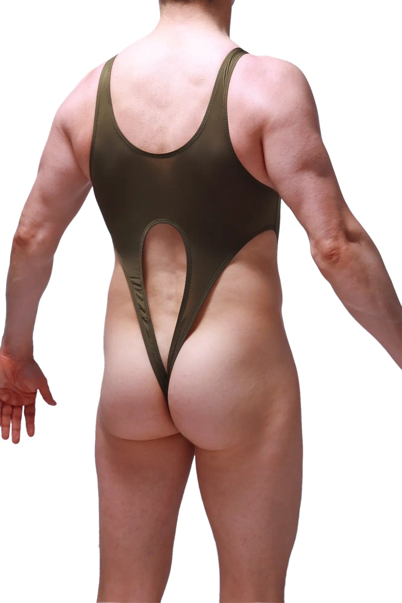 Olive green bodysuit caussol one-piece swimsuit with high-cut leg and back cutout design shown from the back