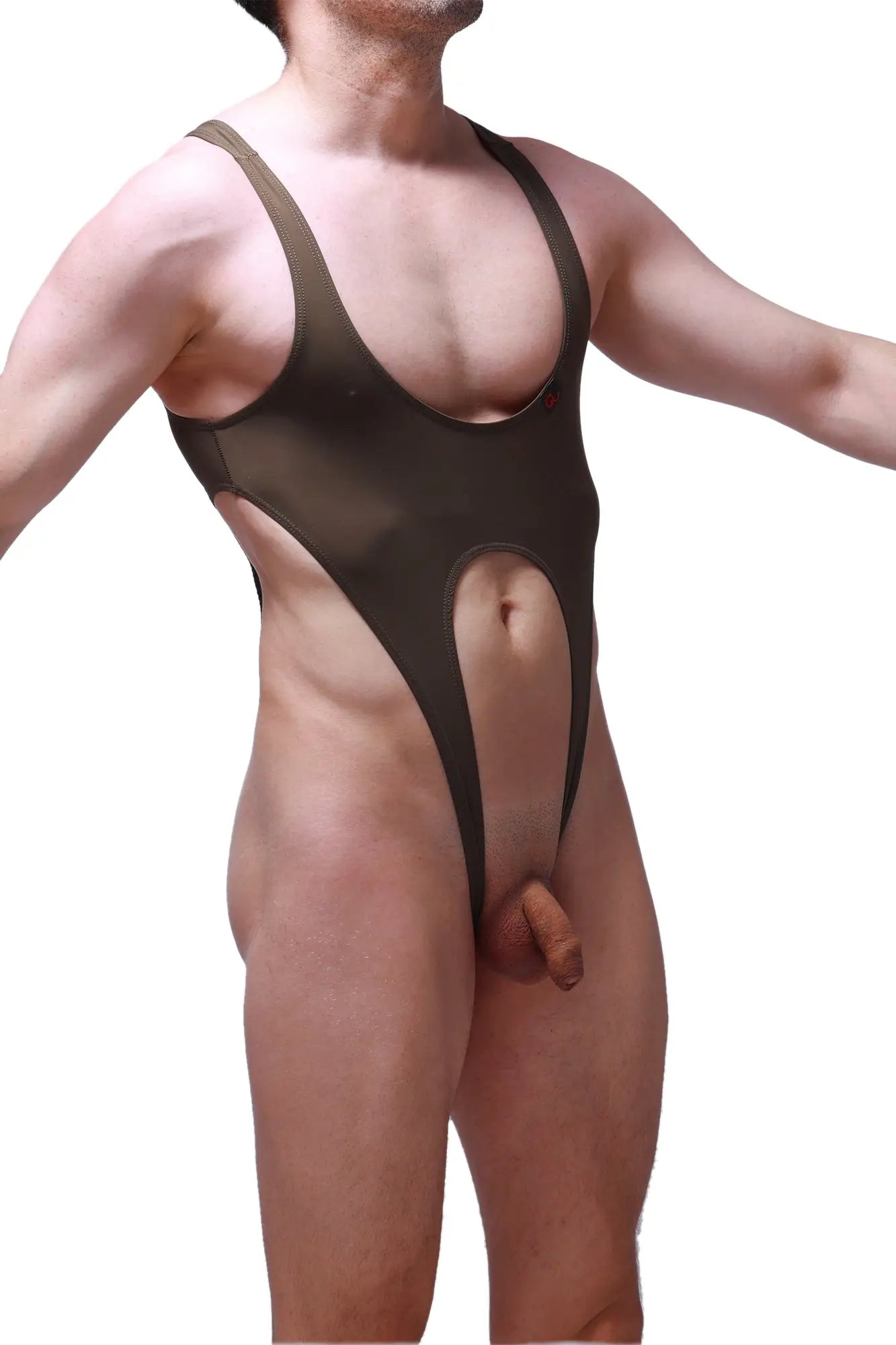 A sleek dark brown bodysuit Caussol plum olive with a plunging neckline and high-cut legs perfect for swimwear
