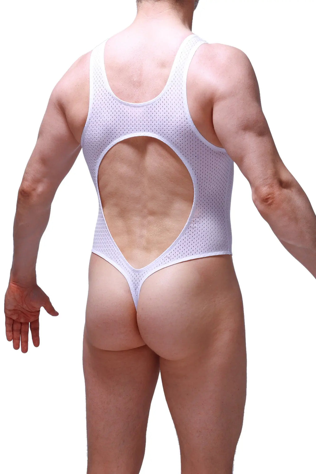 White mesh one-piece swimsuit bodysuit lerzy bee white showing large circular back cutout and breathable material