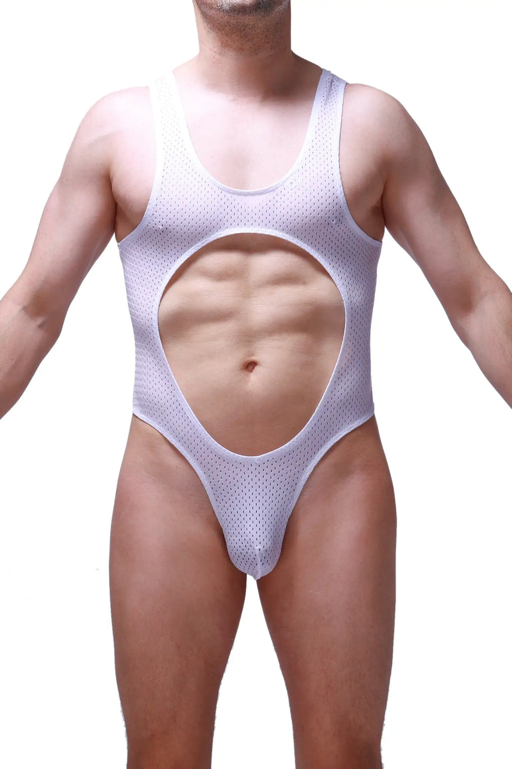 White mesh one-piece swimsuit bodysuit lerzy bee white with a large circular cutout at the center
