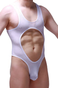 White mesh one-piece swimsuit bodysuit lerzy bee white with large abdomen cutout in breathable mesh material