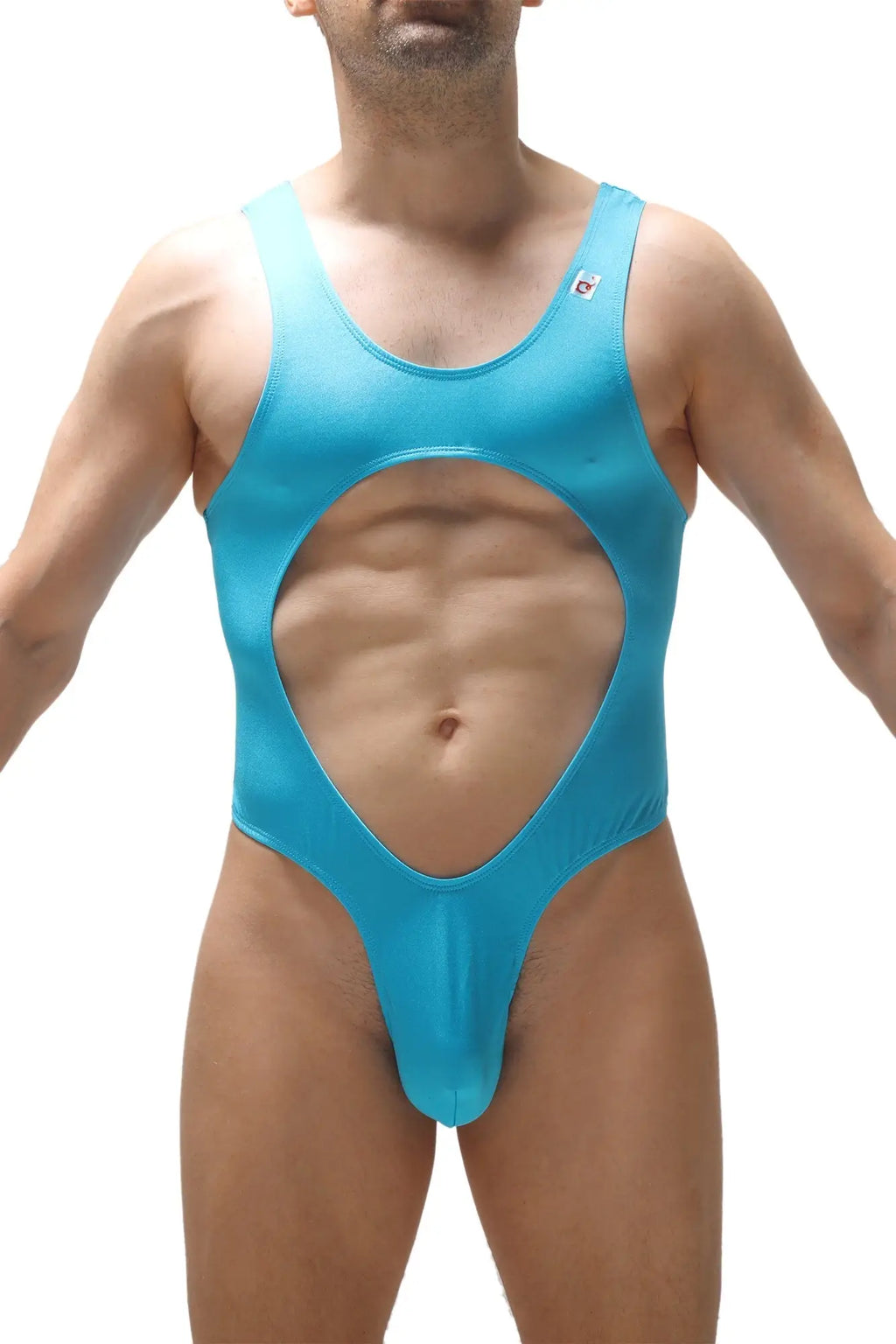 A vibrant turquoise one-piece swimsuit bodysuit lerzy with a unique torso cutout design