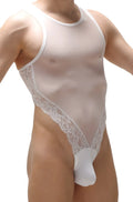 B Bodysuit Murol white lace-trimmed mesh bodysuit with solid white pouch for elegant lingerie wear