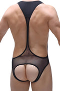 Black mesh bodysuit with cutout design featuring an open net pattern for stylish and breathable wear