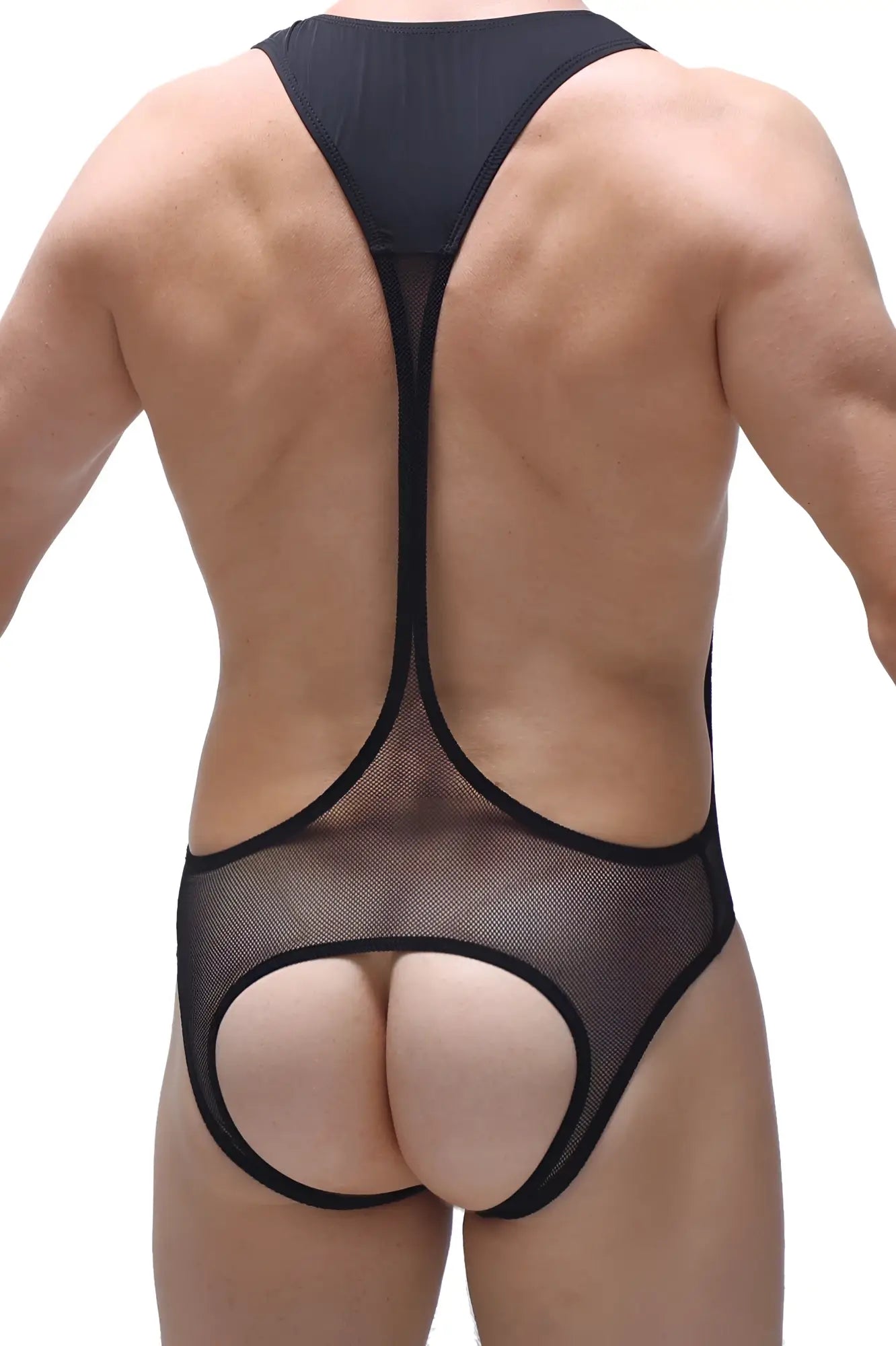 Black mesh bodysuit with cutout design featuring an open net pattern for stylish and breathable wear