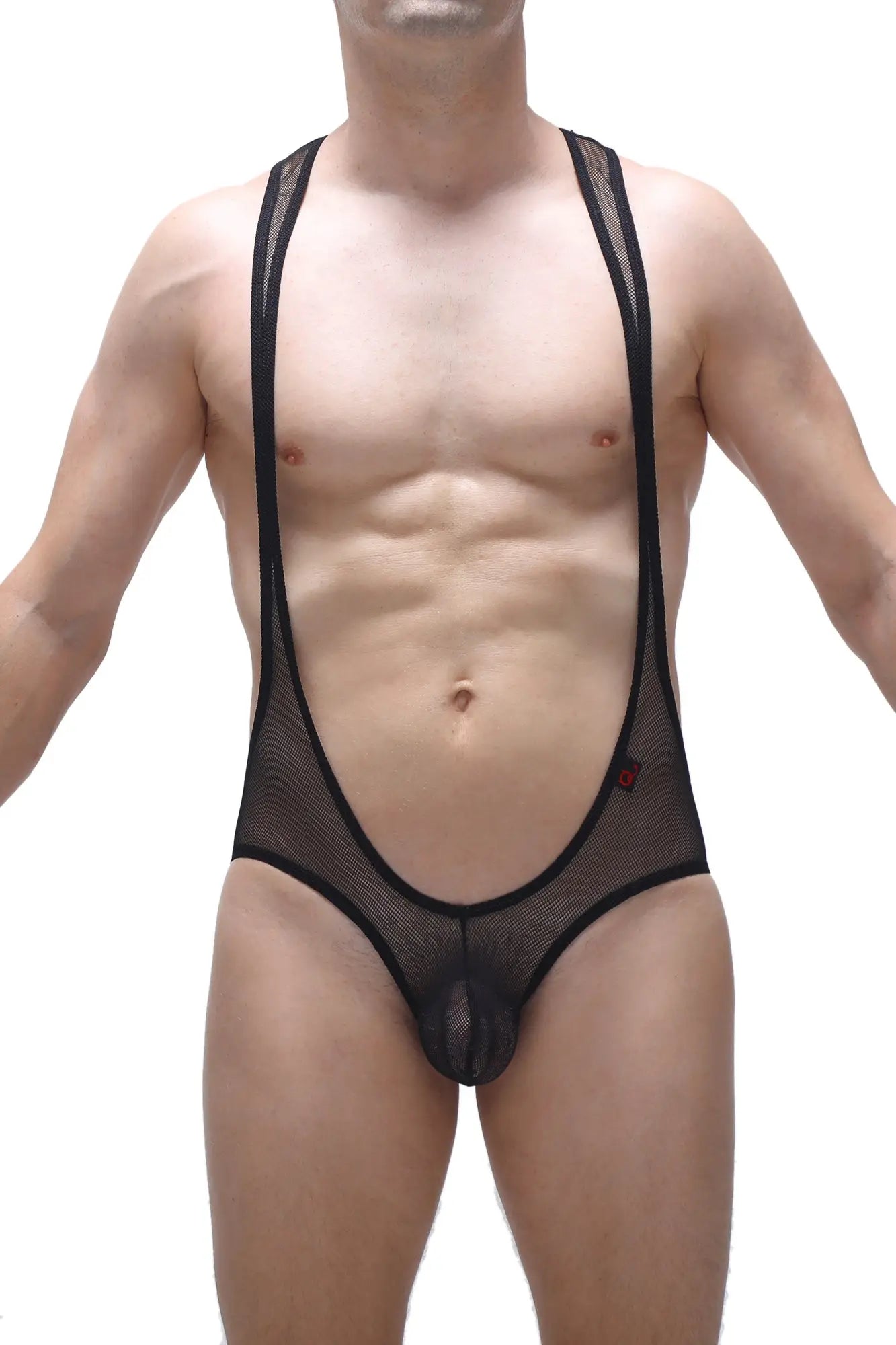 Black mesh men’s suspenders briefs bodysuit open net with sheer form-fitting design