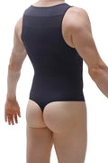 Back view of bodysuit Raix black sleeveless form-fitting bodysuit with a mesh panel across the upper back