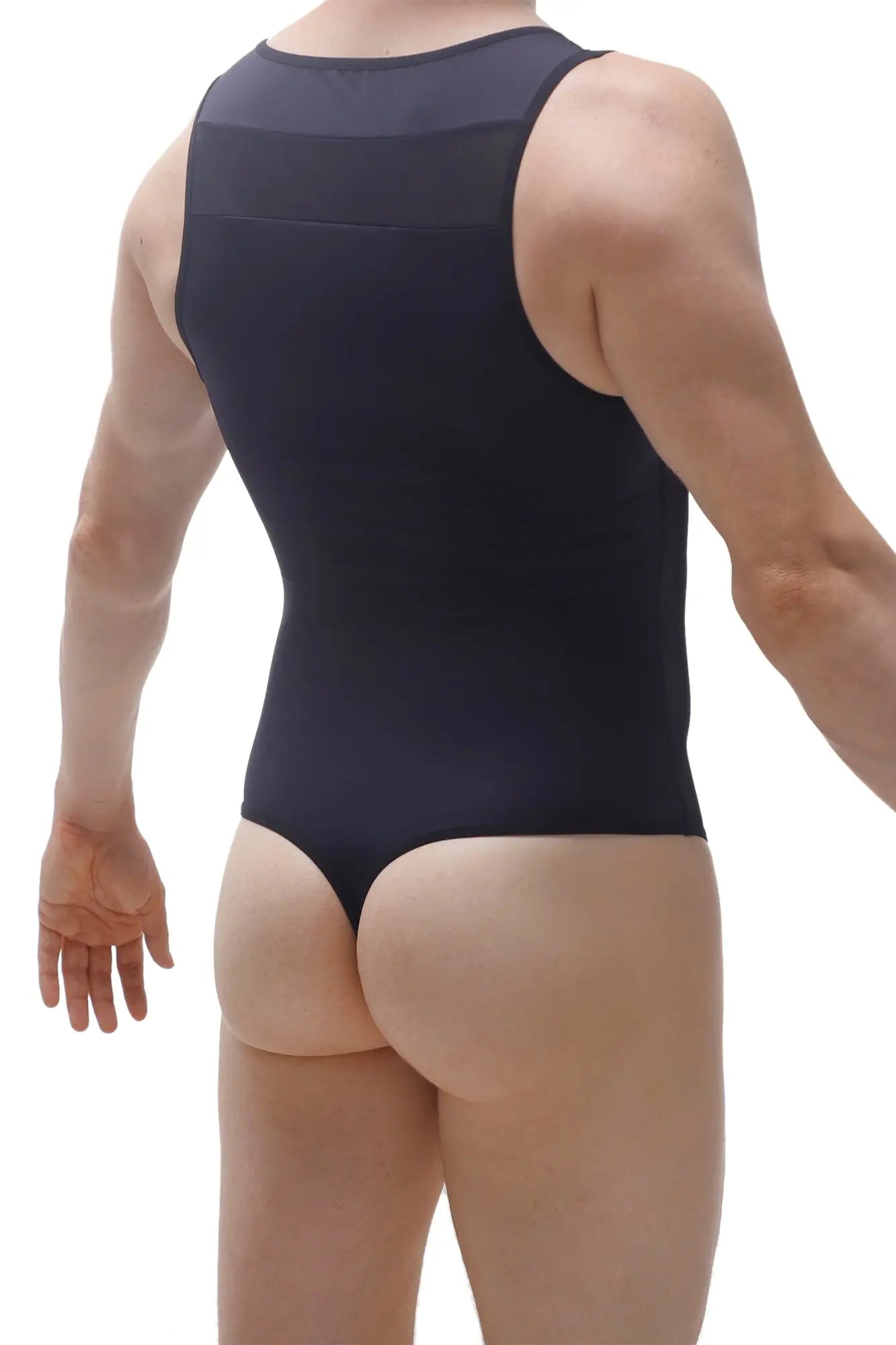 Back view of bodysuit Raix black sleeveless form-fitting bodysuit with a mesh panel across the upper back