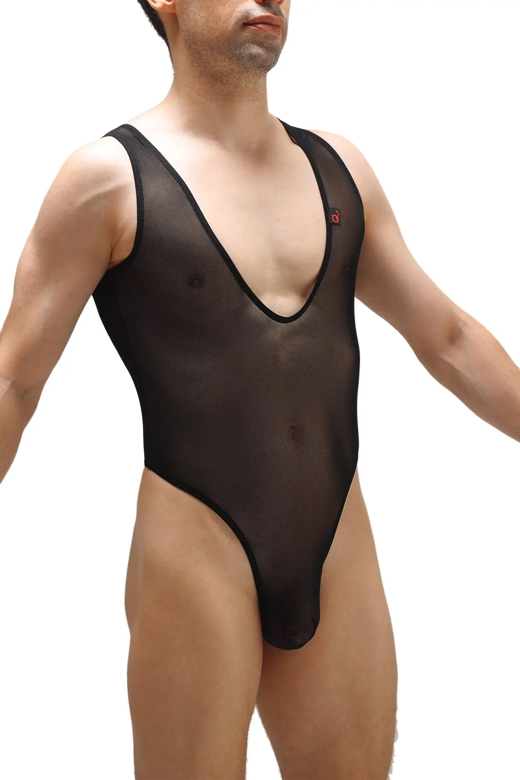Black sheer mesh one-piece swimsuit bodysuit soyons net black with black trim and a small red logo on the chest