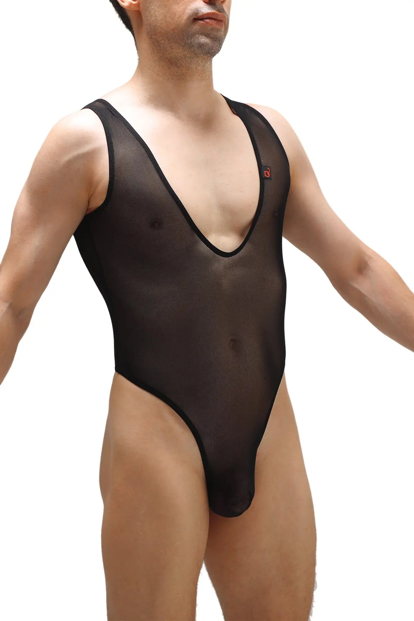 Black sheer mesh one-piece swimsuit bodysuit soyons net black with black trim and a small red logo on the chest