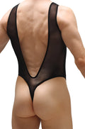 Black sheer mesh one-piece swimsuit with deep back cutout and thin shoulder straps bodysuit soyons net black back view