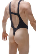 Back view of black bodysuit thong gonzac one-piece swimsuit with cutout back design in stretchy fabric