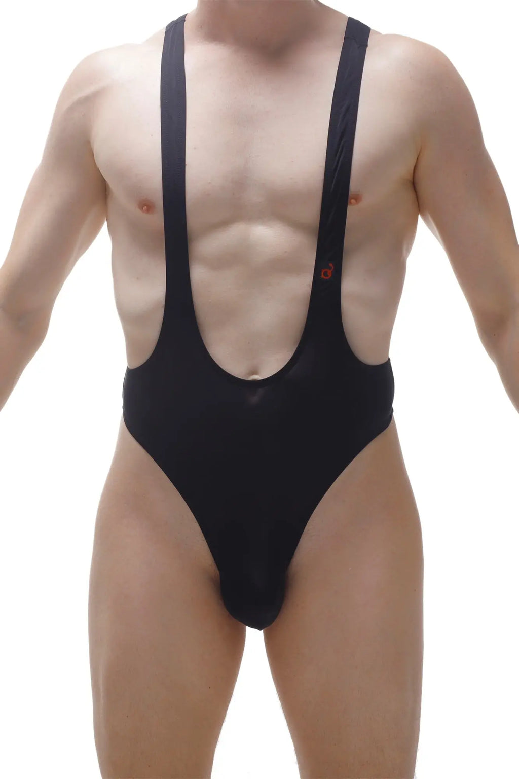 Black one-piece bodysuit thong with wide shoulder straps and deep v-neckline for stylish swimwear or lingerie use