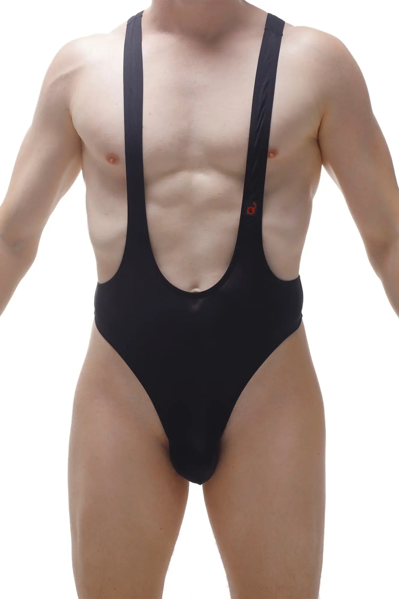 Black one-piece bodysuit thong with wide shoulder straps and deep v-neckline for stylish swimwear or lingerie use