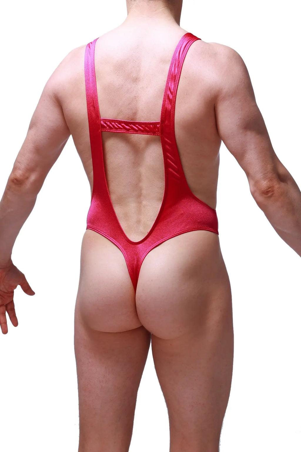 A vibrant red shiny bodysuit thong gonzac joe framboise with a cutout back and thin straps shown from the back side