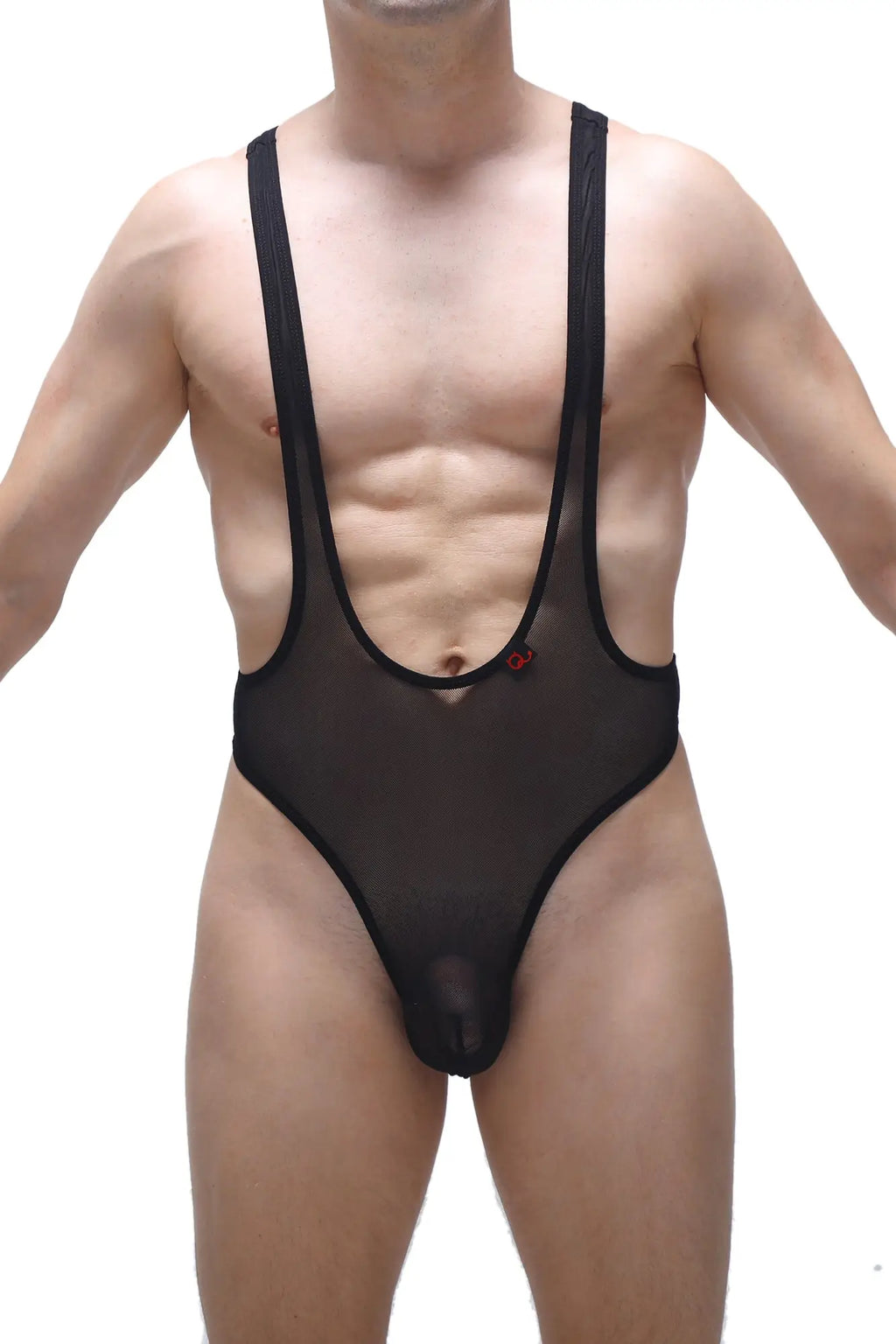 Black sheer mesh one-piece bodysuit thong gonzac net black with black elastic straps and small red chest logo