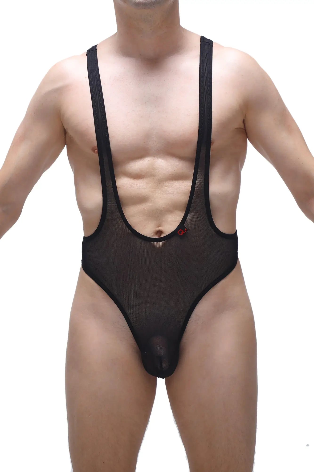 Black sheer mesh one-piece bodysuit thong gonzac net black with black elastic straps and small red chest logo