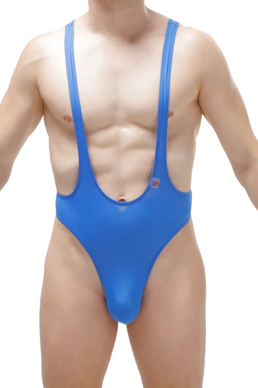 Blue one-piece bodysuit thong with wide shoulder straps and high-cut leg design for swimwear or casual use