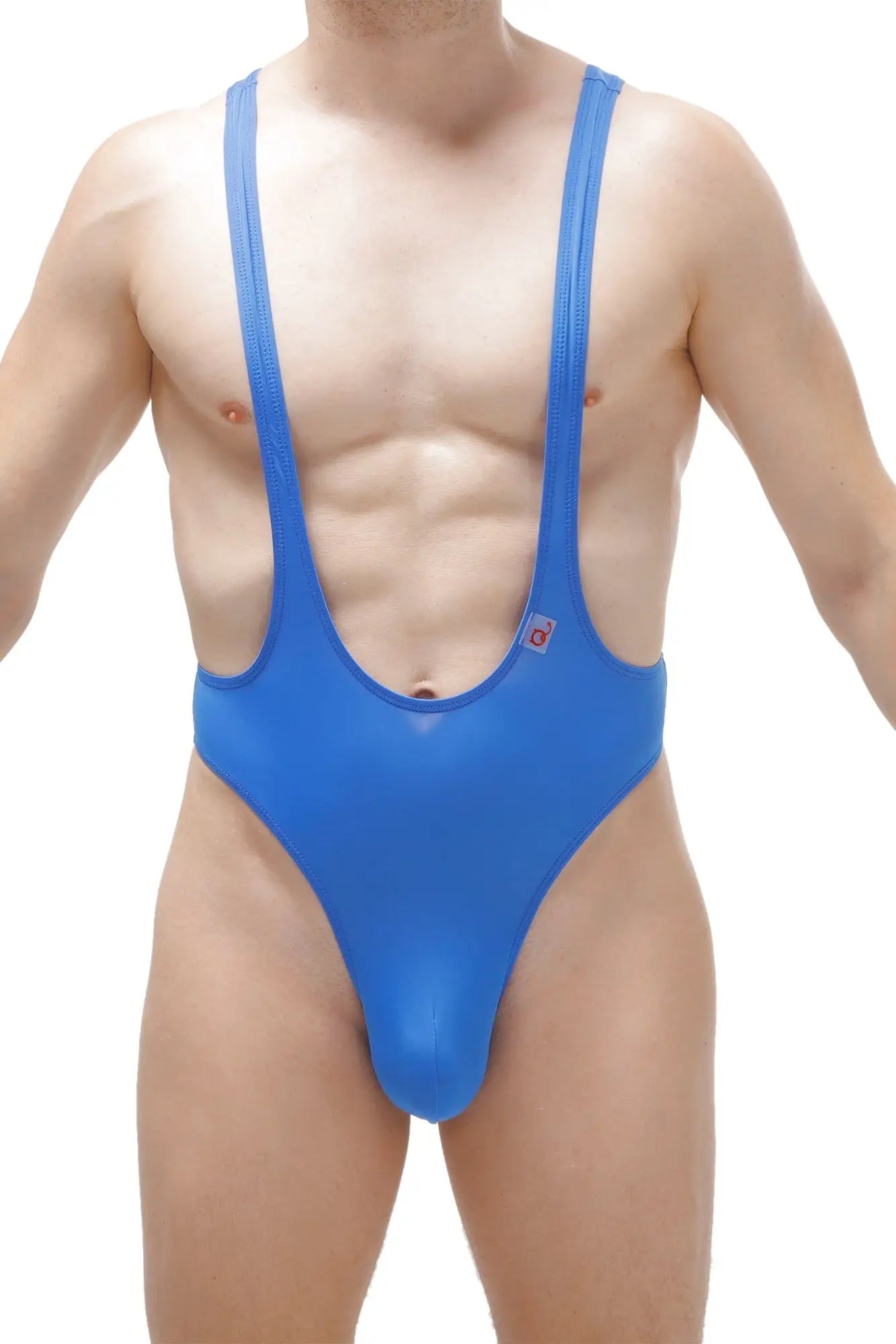 Blue one-piece bodysuit thong with wide shoulder straps and high-cut leg design for swimwear or casual use
