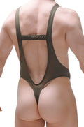 Olive green one-piece swimsuit with mesh back and thin straps in bodysuit thong gonzac plum green style