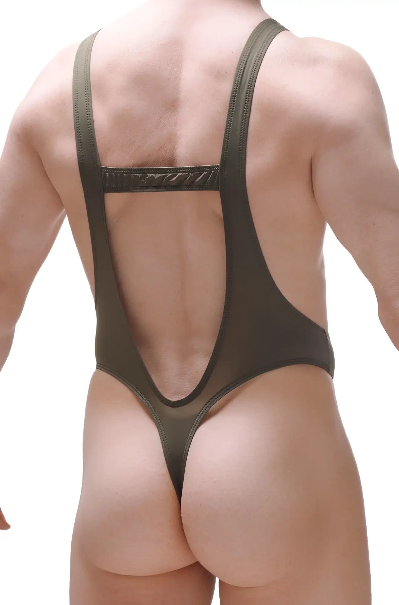 Olive green one-piece swimsuit with mesh back and thin straps in bodysuit thong gonzac plum green style