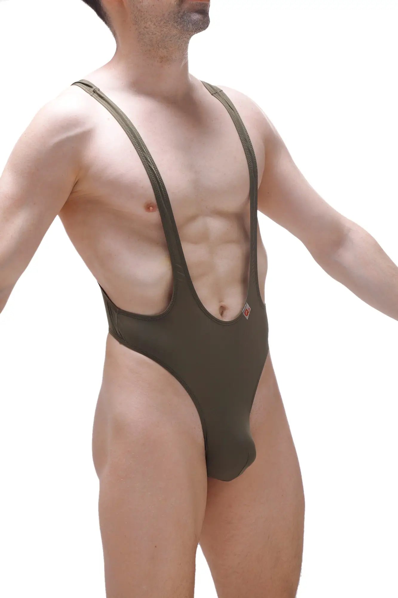 Olive green one-piece swimsuit bodysuit thong gonzac plum green with thin shoulder straps and low-cut front design