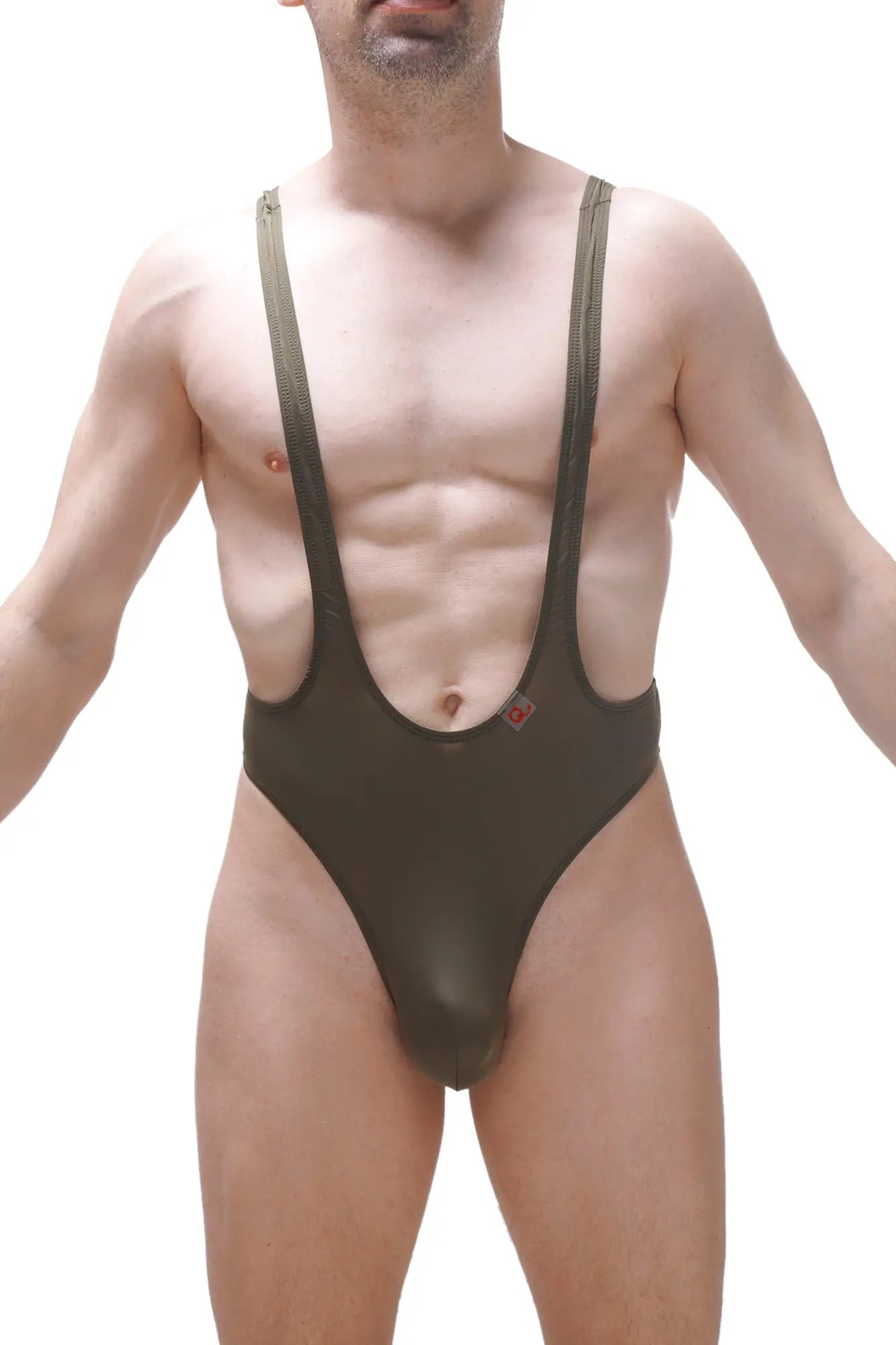 A sleek olive green bodysuit thong Gonzac plum green with thin shoulder straps and a low-cut front design