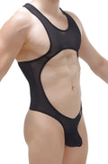 Black sheer mesh bodysuit thong with cutout design made of medis net fabric for a stylish and sexy look