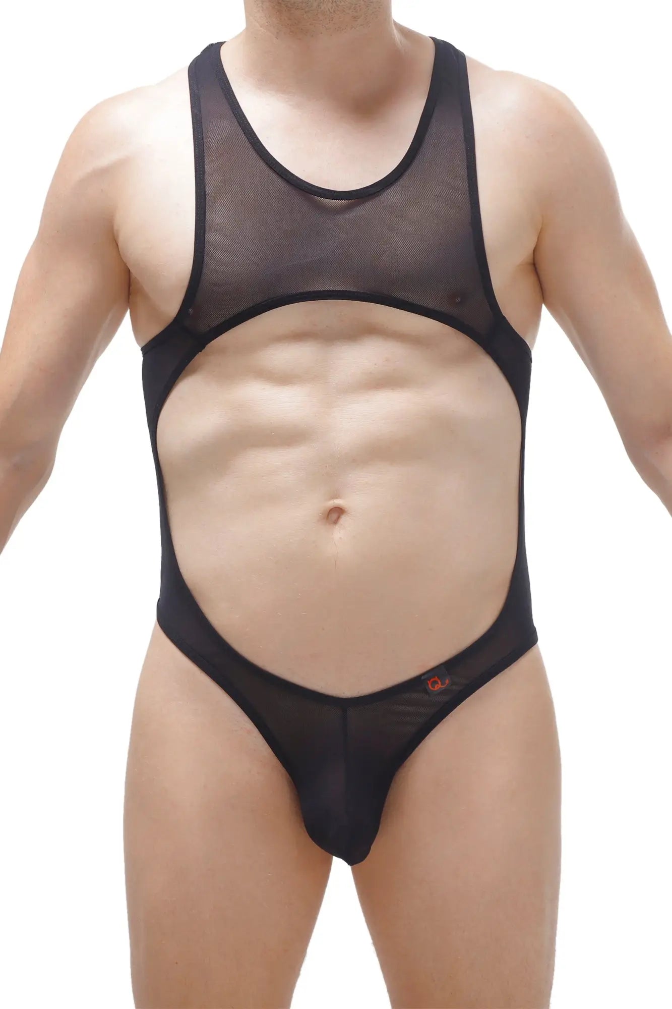 Black sheer mesh one-piece swimsuit bodysuit thong medis net with cutout design for stylish swimwear look