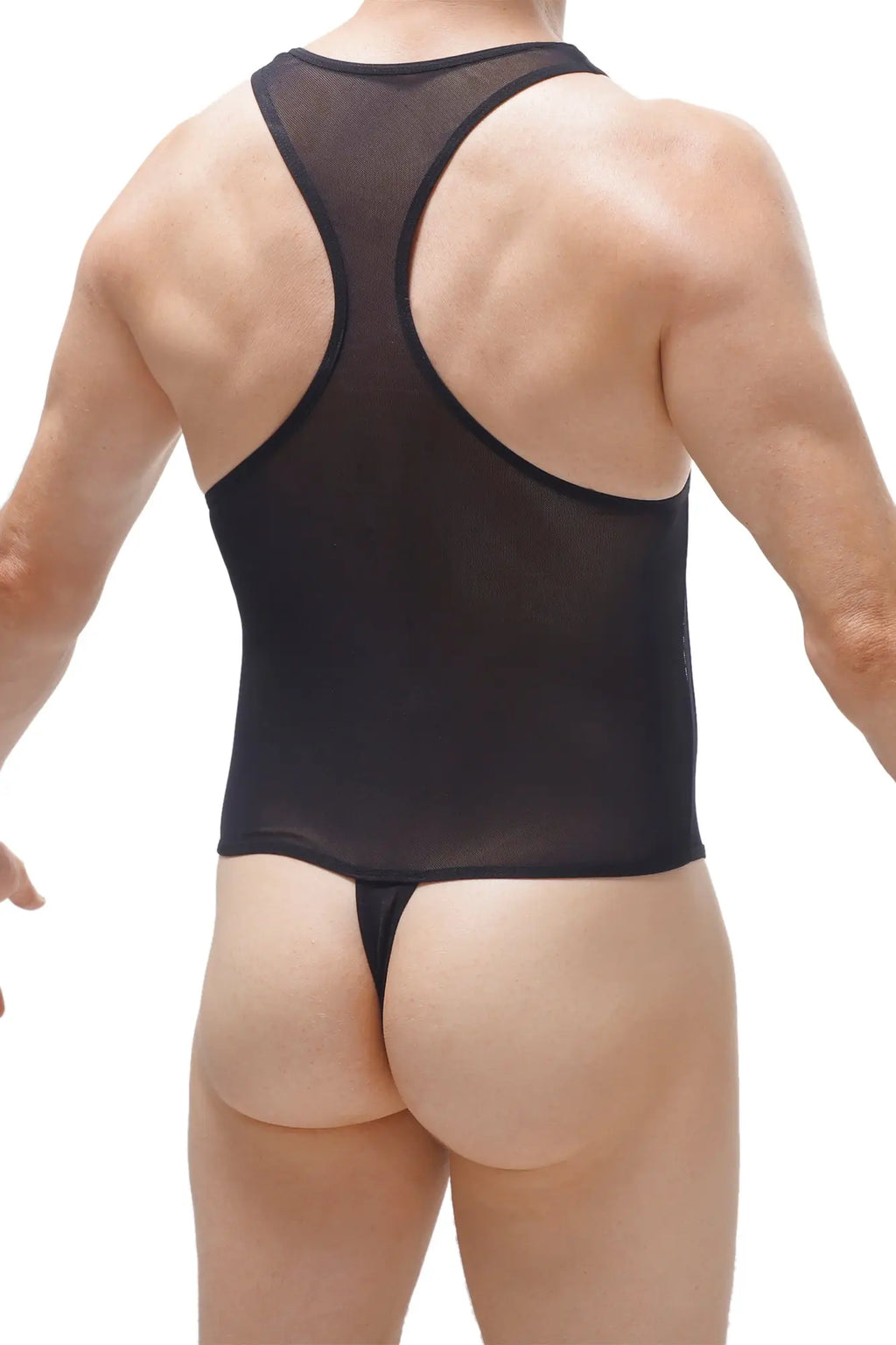 Black sheer mesh bodysuit thong with tank top style front and thong bottom for a sleek look