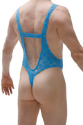 Bodythong Aunou lace turquoise vibrant blue lace one-piece swimsuit with sheer mesh back and intricate floral patterns