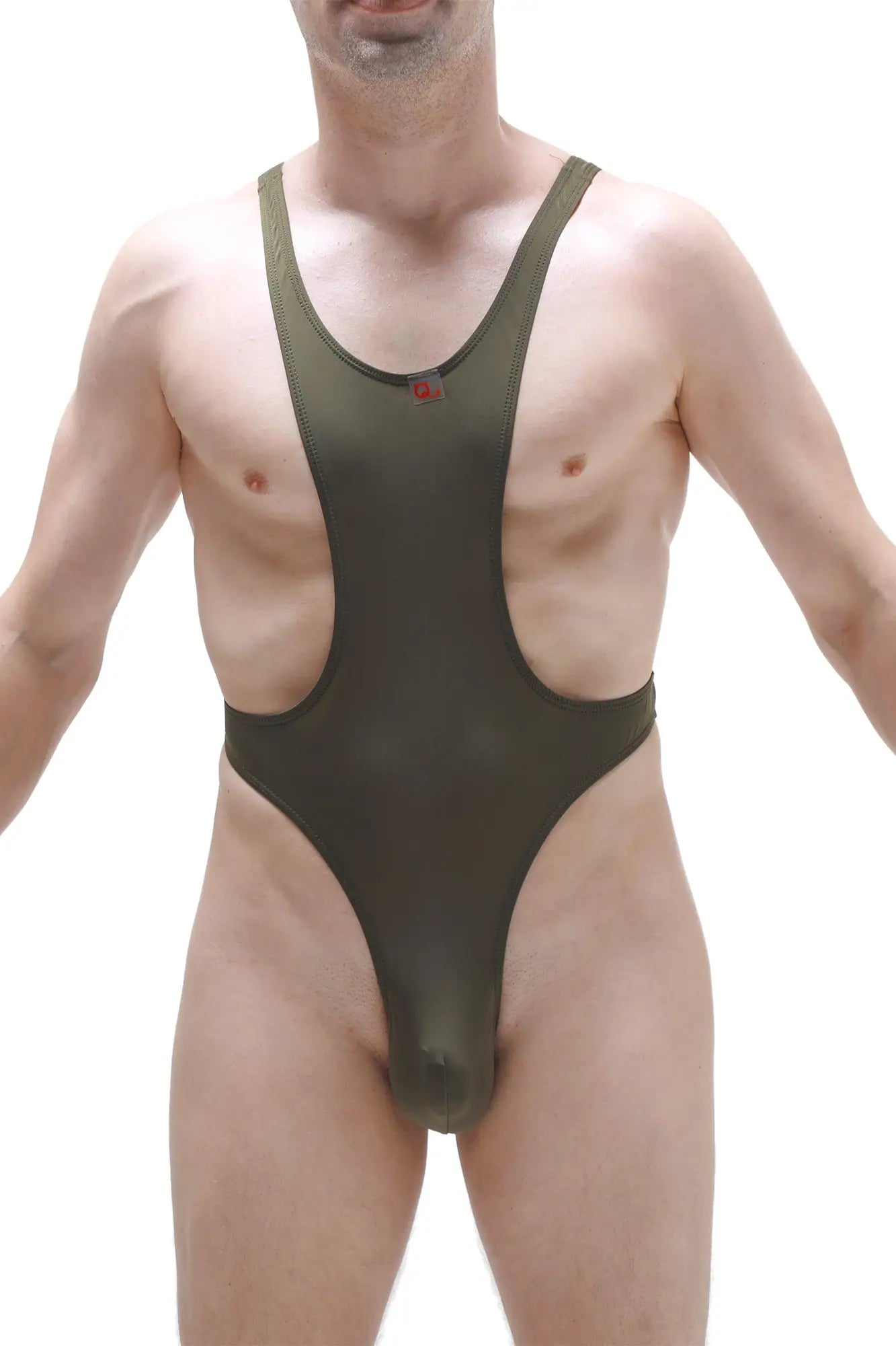Olive green one-piece swimsuit bodythong aunou plum olive with wide shoulder straps and red button at neckline