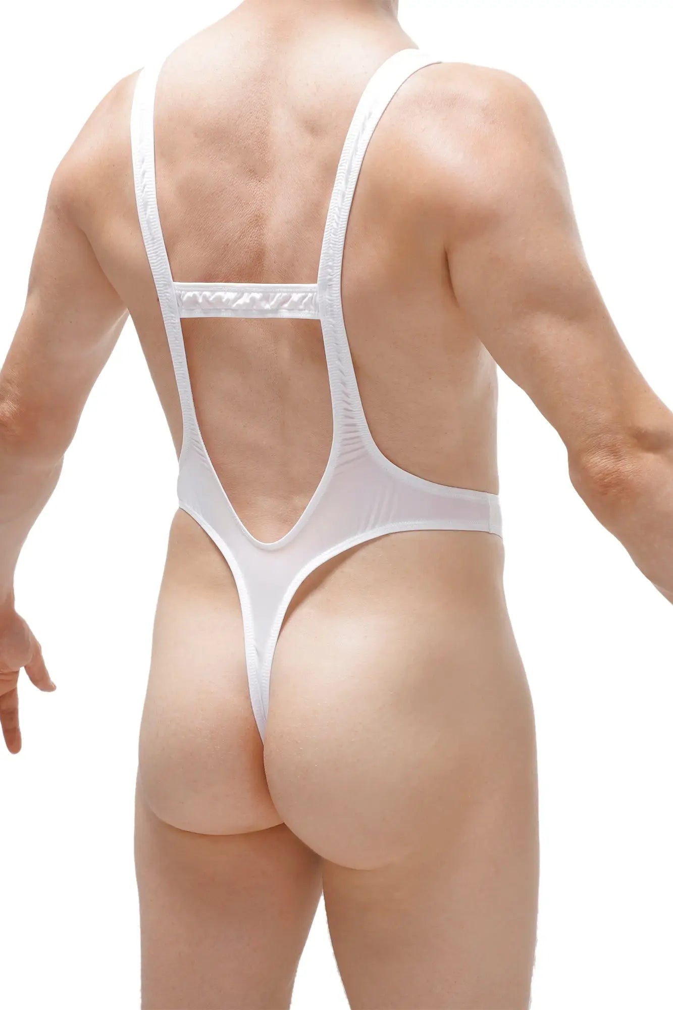 White shiny form-fitting bodythong aunou plum one-piece swimsuit with thin straps and cutout back shown from behind