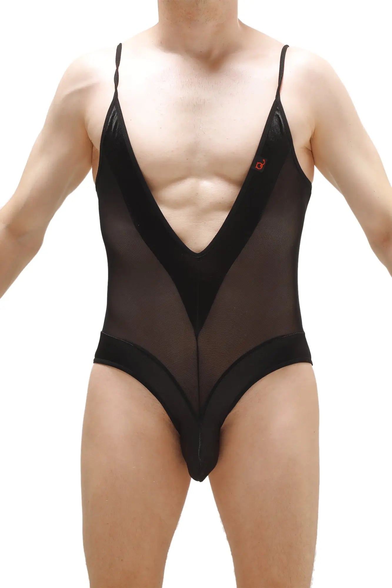 Bodythong Bonson black one-piece swimsuit with black sheer mesh and solid fabric panels at sides waistband and legs