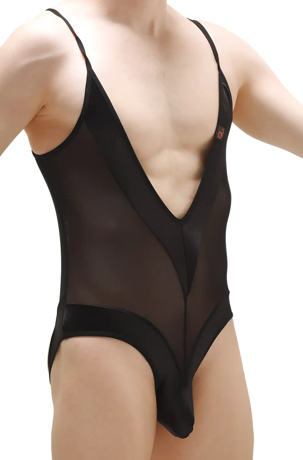 Bodythong Bonson Black sheer mesh one-piece swimsuit with deep v-neckline and solid black fabric trim